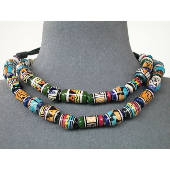 TWO Colorful Hand-Painted Ceramic Bead Necklace #1 IS 32" & #2 IS 26" - Picture 2 of 4